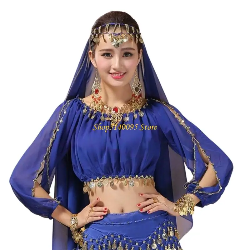 Dxae Langarm Pailletten Crops Tops Bauch Tanzkostüm Frauen Bauchtanzmünzen Top Top