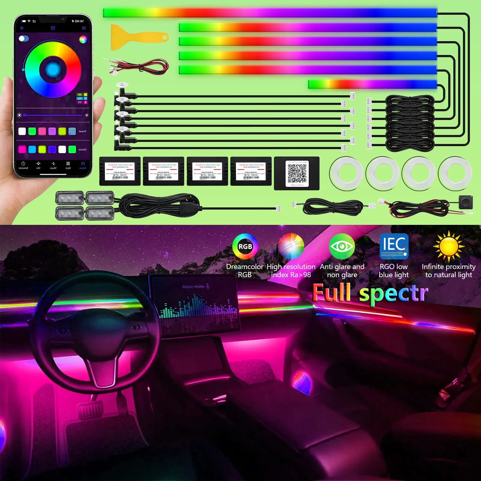 22 In 1 Full Color Streamer Car Ambient Lights RGB 64 Color Universal LED Interior Hidden Acrylic Strip Symphony Atmosphere Lamp