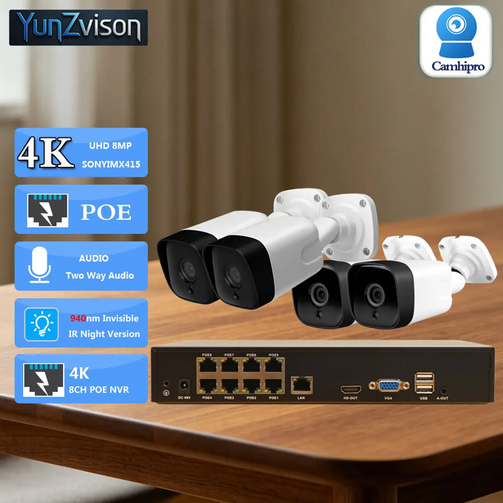 C-R 4K 8MP Security Vedio Камера POE 3.6mm 940nm Invisible IR Light Two Way Audio IR Night Version 4K 8CH POE NVR Kit