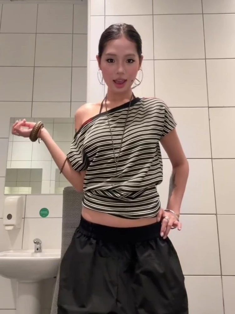 Y2k Aesthetic Sexy Stripe Vintage Tees 2026 Summer Harajuku Expose Waist Bandage ​Tops Grunge Fairy Women Casual Loose T-shirts