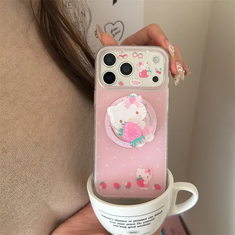 Koreańskie różowe truskawki, magnetyczne etui na telefon iPhone 17 Pro Max 14 15 16 17 Pro Max ze stojakiem, kompatybilne z MagSafe, urocze. — zdjęcie produktu 4