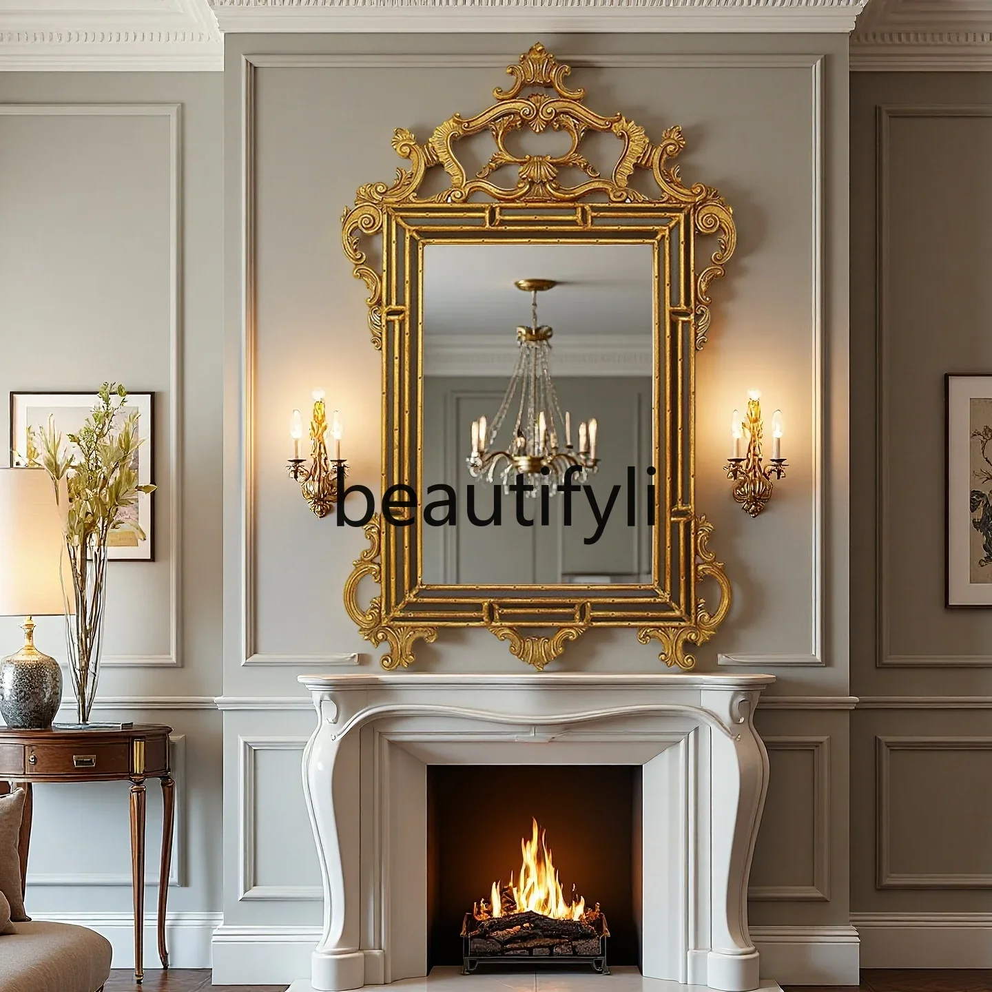 

French retro court style fireplace decorative mirror American porch wall hanging background wall art mirror
