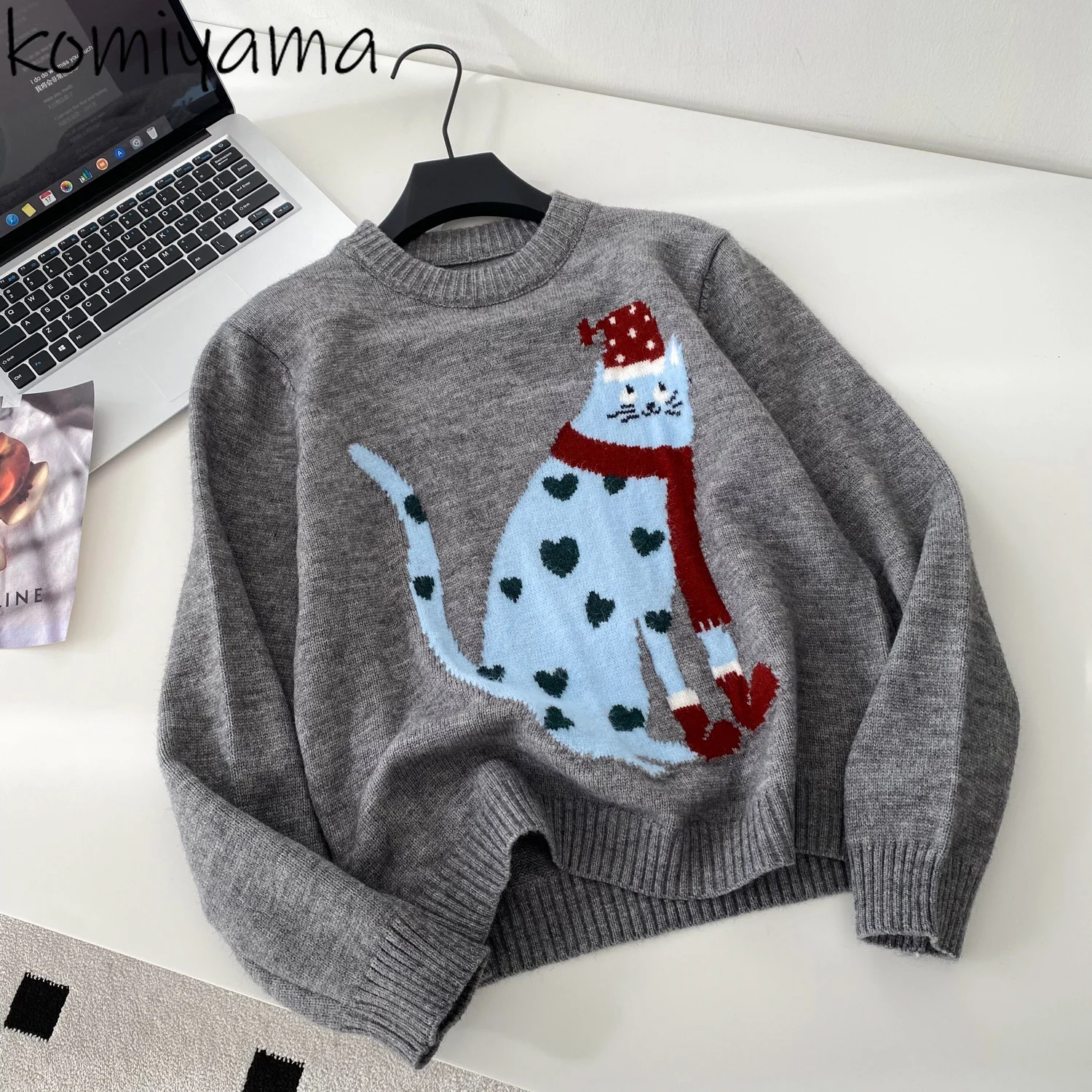 

Cute Cat Print Ropa Mujer Long Sleeve Knitted Sweater Autumn Loose Clothes Woman Korean Style Simple Pull Round Neck Tops