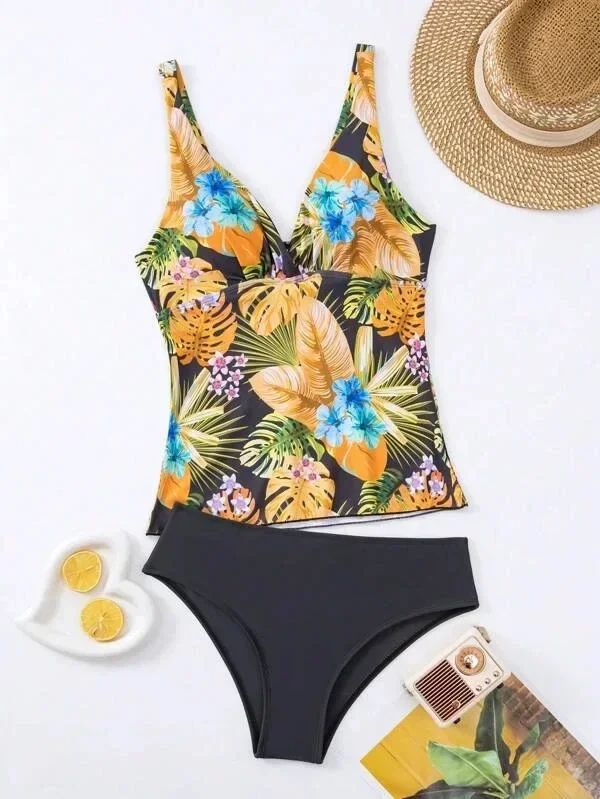 Badpak Vrouwen 2023 Sexy Bloemenprint V-hals Bikini 2-delige Hoge Taille Tankini Conservatieve Badpak Strand Badpak 2025