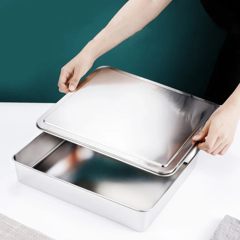 Stainless Steel Flat Bottom Storage Tray with Lid Square Food Plate Cake Bread Pastry Baking Pan Dish Bakeware Kitchen Tools