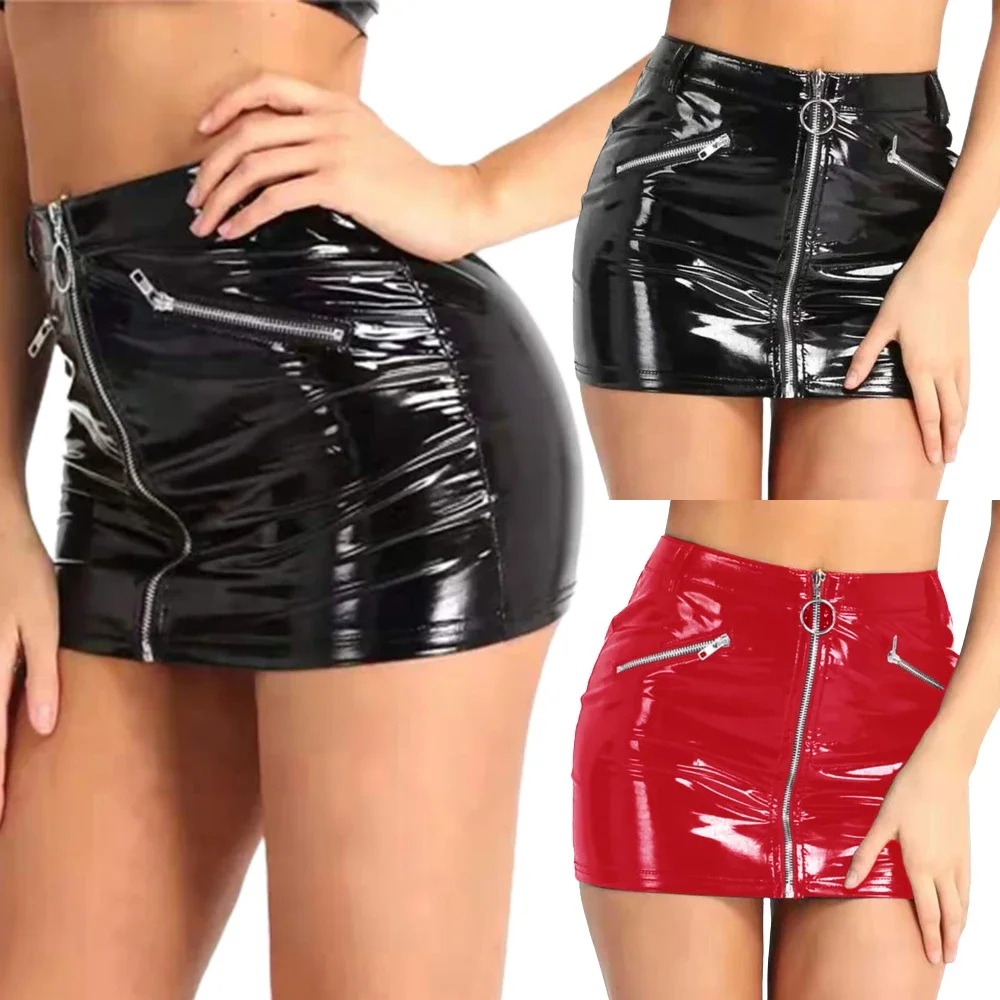 Women Faux Leather Mini Party Wear Skirts Fake Zipper Pockets Bodycon Mini Skirt Pole Dance Latex Short Skirts Wetlook Clubwear