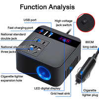 150W Car Inverter Fast Charging Peak DC12V/24V to 110V/220V LED Display Sockets Power Inverter Adaptor Car Accessories