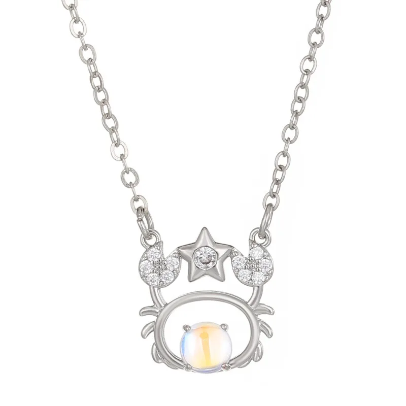 New Zodiac Sign Necklace for Women Unique Elegant Studded Diamonds Hollowed-out Moonstone Pendant Collarbone Chain Birthday Gift
