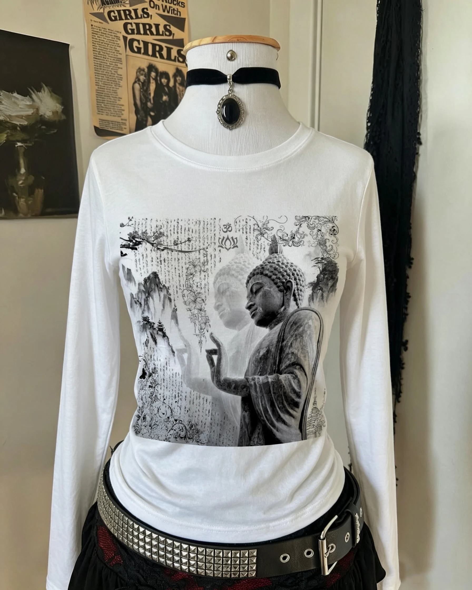 Y2K Spiritual Buddha Mountain Print Long Sleeve Shirt Women Vintage Oriental Buddha Statue Floral Graphic Slim Cropped Aesthetic