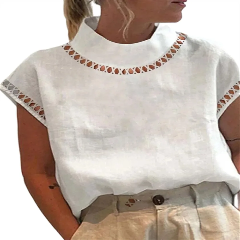Women Solid Hollow Out Lace Linen Blouse High Neck Breathable Casual Shirt Elegant Ladies Top