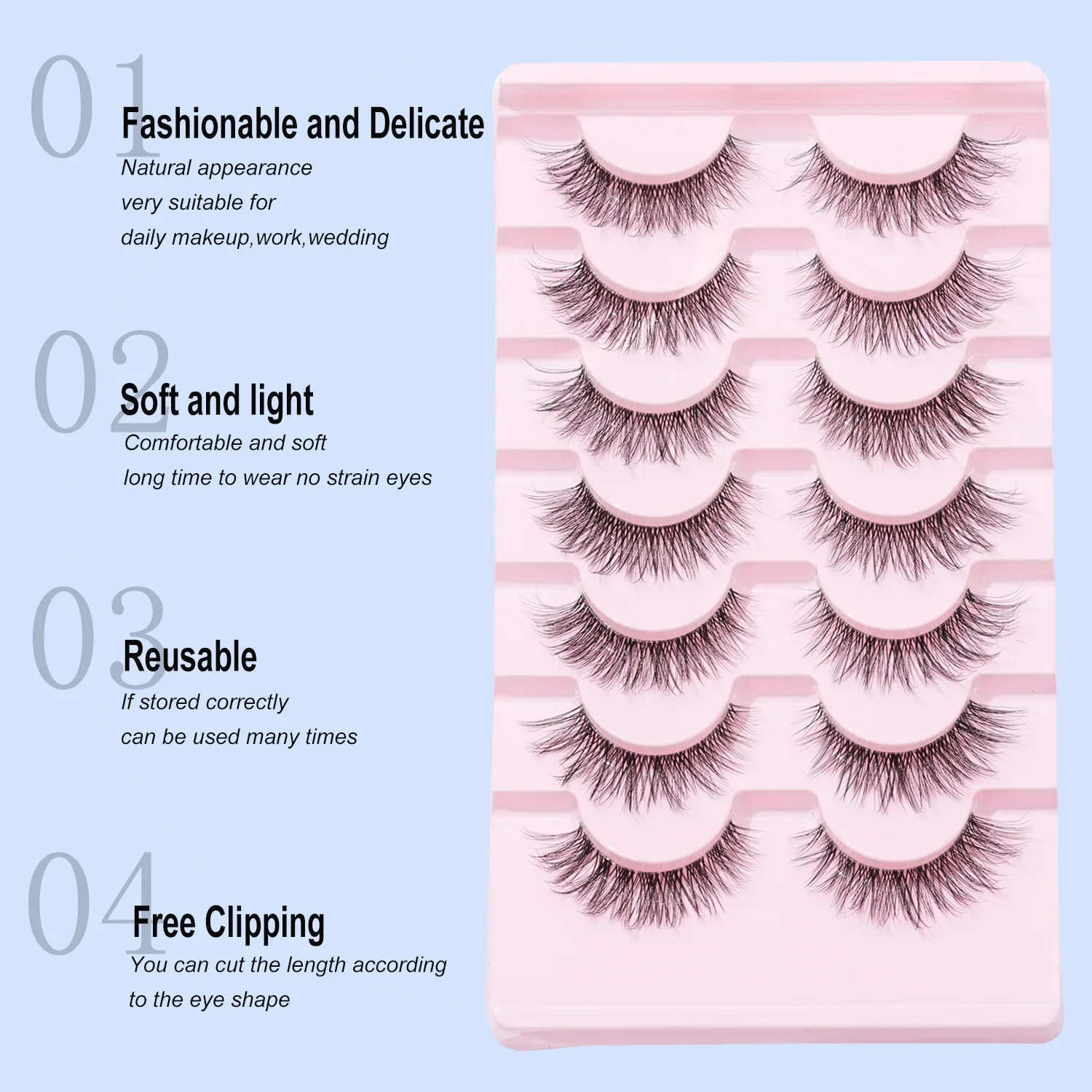 7 pairs of 3D stereo natural fiber long fish tail cross style transparent stem false eyelashes 14mm