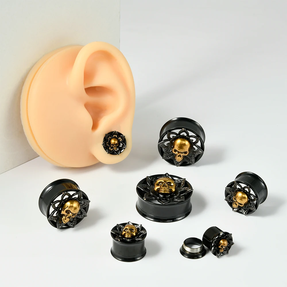 PAIR Stainless Steel Skull Tunnel Plugs Ear Plugs Ear Gauges Expander Tunnels Earlobe Earrings Piercing Jewelry