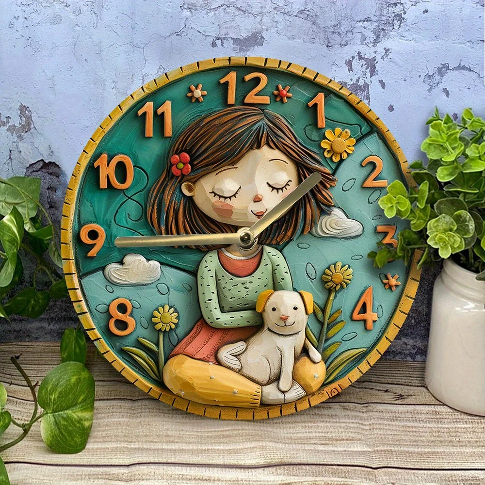 Elegant Silent Wall Clock with Woman and Dog Design - Aluminum, Ideal for Kitchen & Home Decor Wall Clock Modern Design