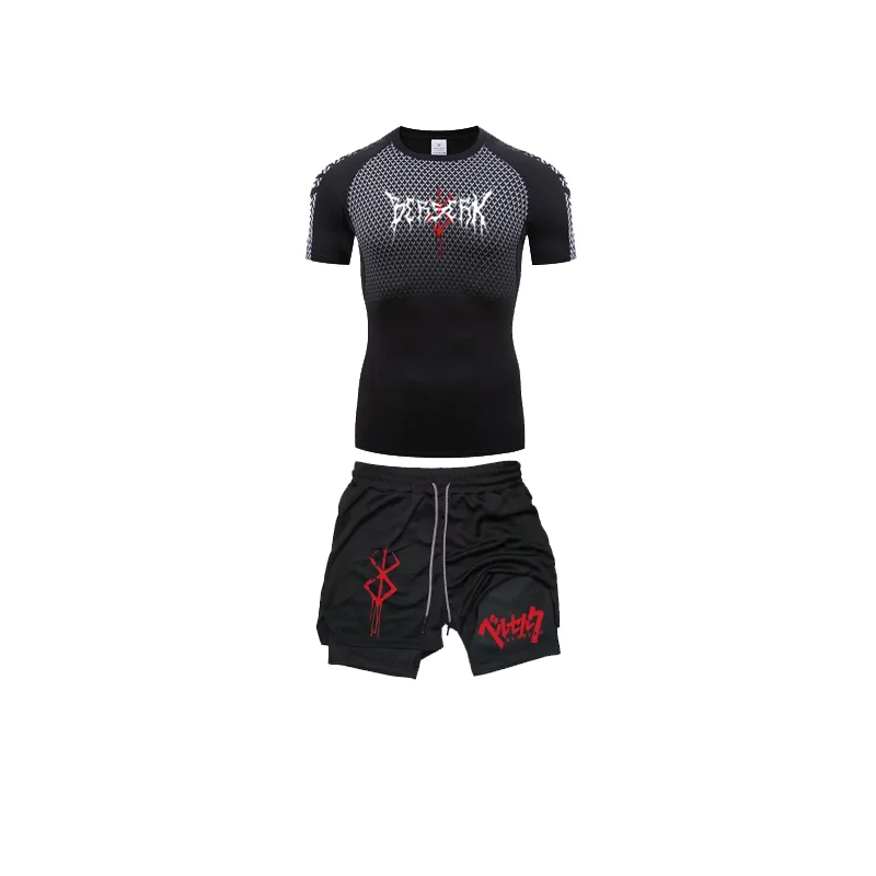 مجموعة ملابس رياضية مضغوطة من Anime Berserk للرجال، قمصان للجري قابلة للتنفس، سريعة الجفاف، مجموعة ملابس رياضية للحماية من الطفح الجلدي