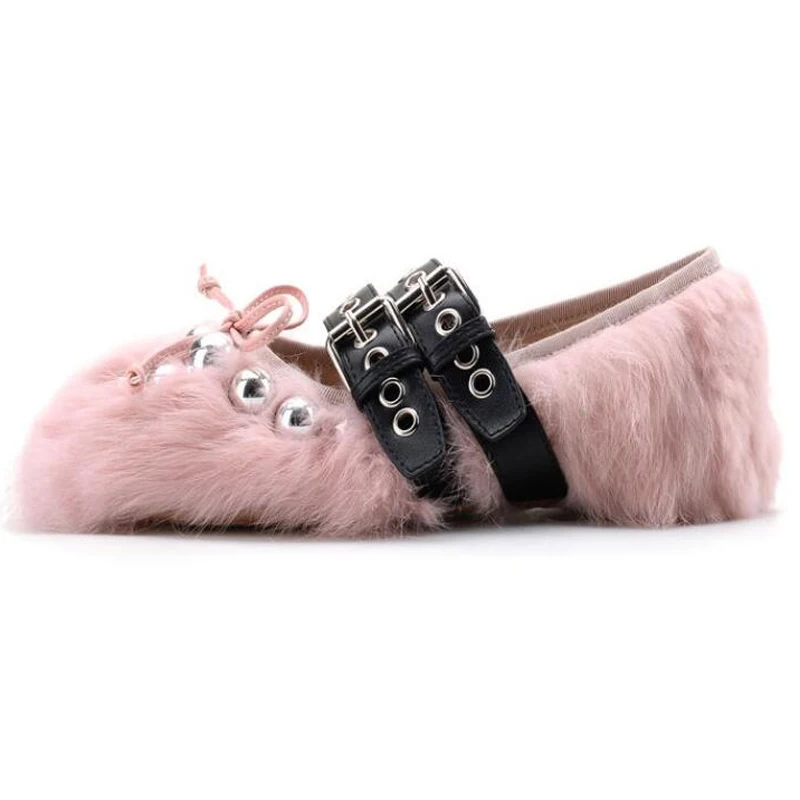 

Pink Black Rabbit Fur Ballet Shoes Eyelet Belt Buckled Flats Shoes Button Rivets Fur Ribbons Bandage Comfortable Casual Shoes