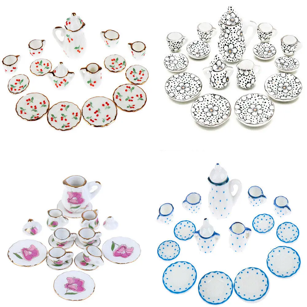 Girls Toys Tea Game Miniature Tea Set Dollhouse Furniture 15Pcs 1:12 Porcelain Cups Flower Tableware Kitchen Decorative Teapots