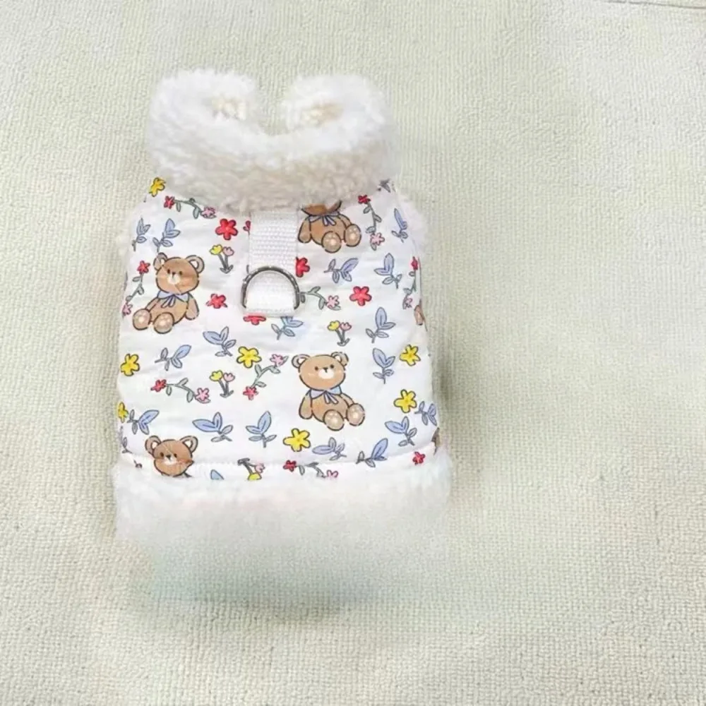 Pet Fur Collar Jacket Cute Teddy Bear Flower Print Plush Couple Traction Vest Jacket Dog Clothes for Small Dogs Puppy Clothes