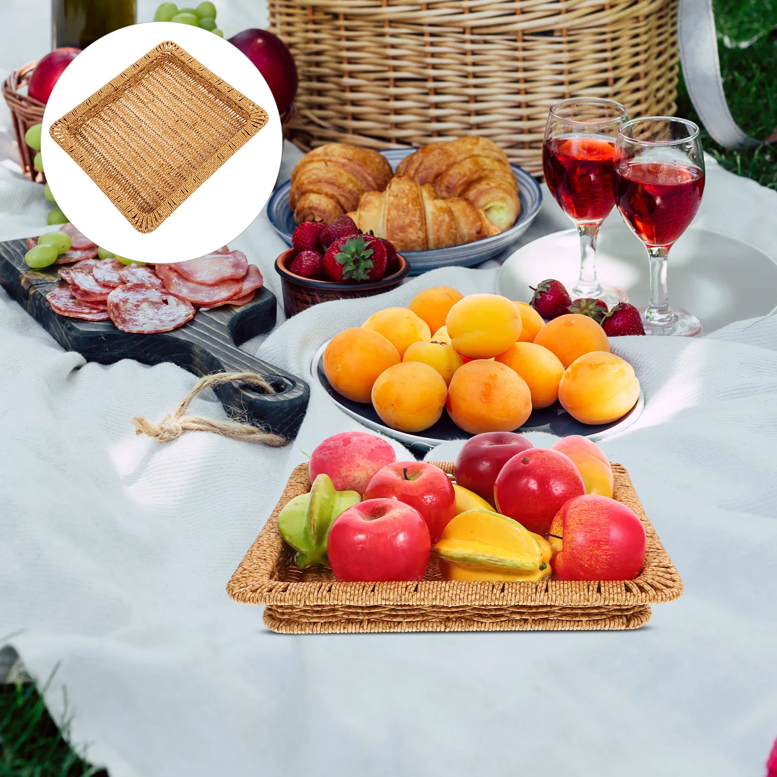 

Storage Basket Lid Imitation Woven Rattan Tray Multi-Function Desktop Organizer Basket Cover Plastic Woven Storage Box Lid