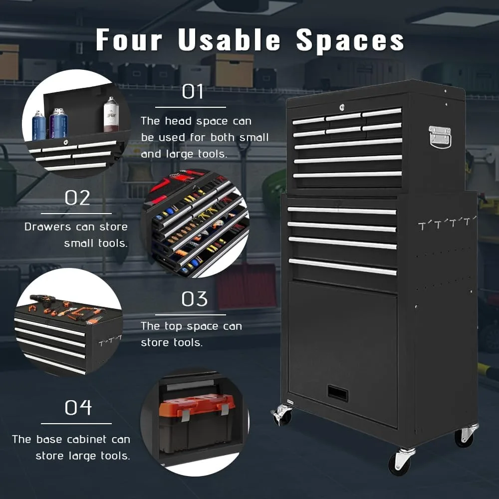 خزانة أدوات دوارة ذات 13 درجًا مع عجلات، صناديق أدوات دوارة قابلة للفصل 2 في 1، خزانة أدوات متنقلة مع أدراج،
