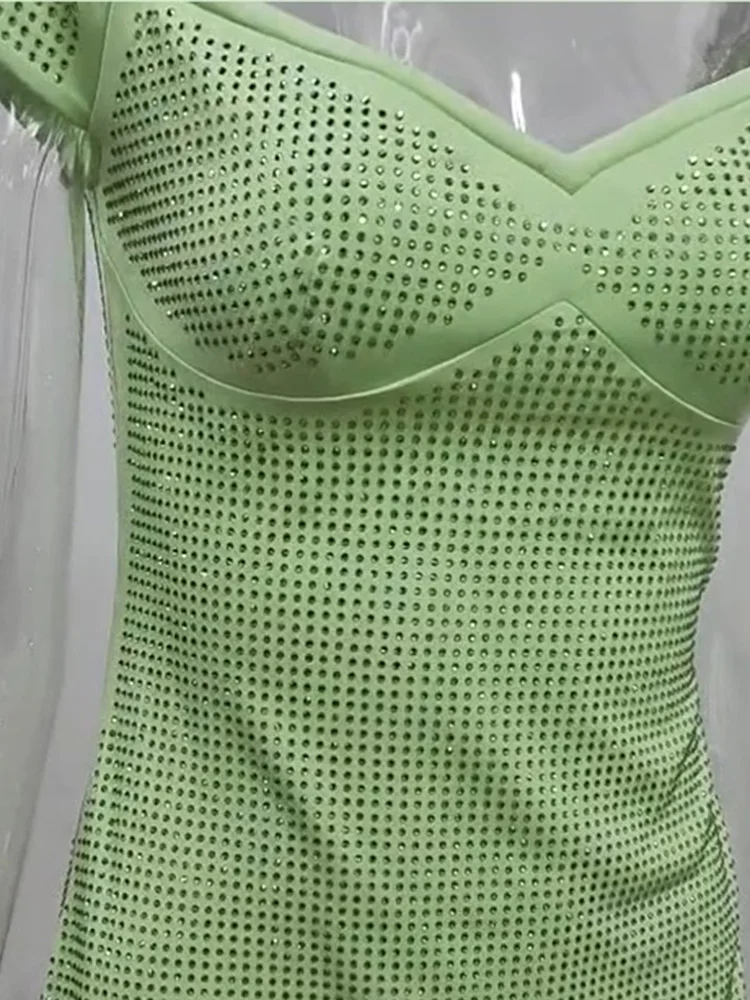 Vestido espartilho feminino com strass embelezado, vestido bodycon formal em verde salvia, mini vestido curto, vestido de festa, 2022