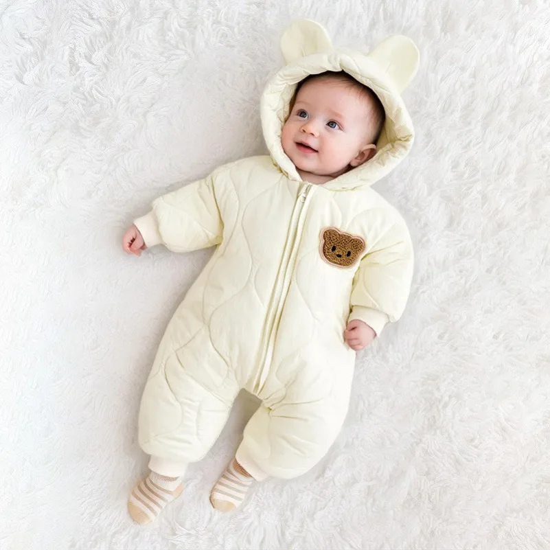 New Autumn Winter Hooded Infant Newborn Baby Rompers Fleece Padded Cartoon One-pieced Outdoor Outfit for 0-1 Old Baby Boys Girls