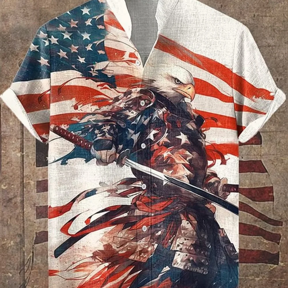 Retro Samurai Eagle US Flag Print Men's Casual Shirt 3D All Over Print Short Sleeve Linen Shirt Summer Beachwear