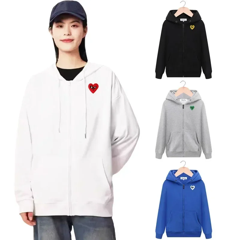 Break Egg Women Zipper Hoodie Cotton Cartoon Cute Glasses Heart Embroidery Pocket Loose Fleece Casual Autumn Sweater