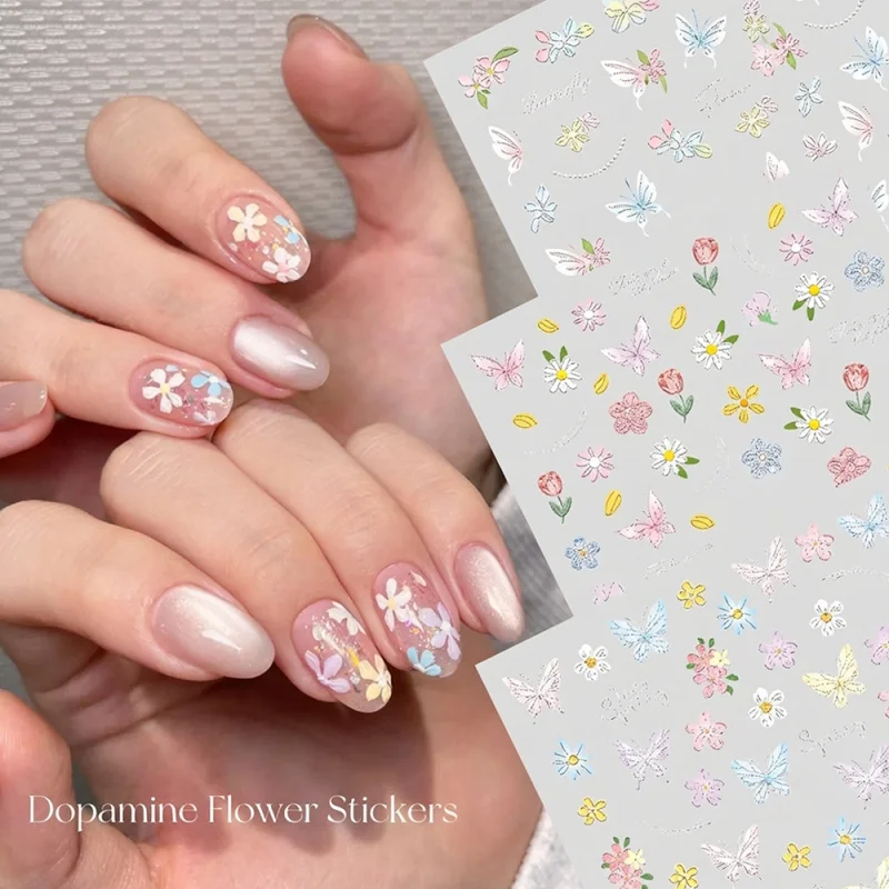 1Pcs Dopamine Flower Butterfly Nail Art Stickers Colorful Floral Self Adhesive Nails Decals DIY Spring Fresh Manicure Decoration