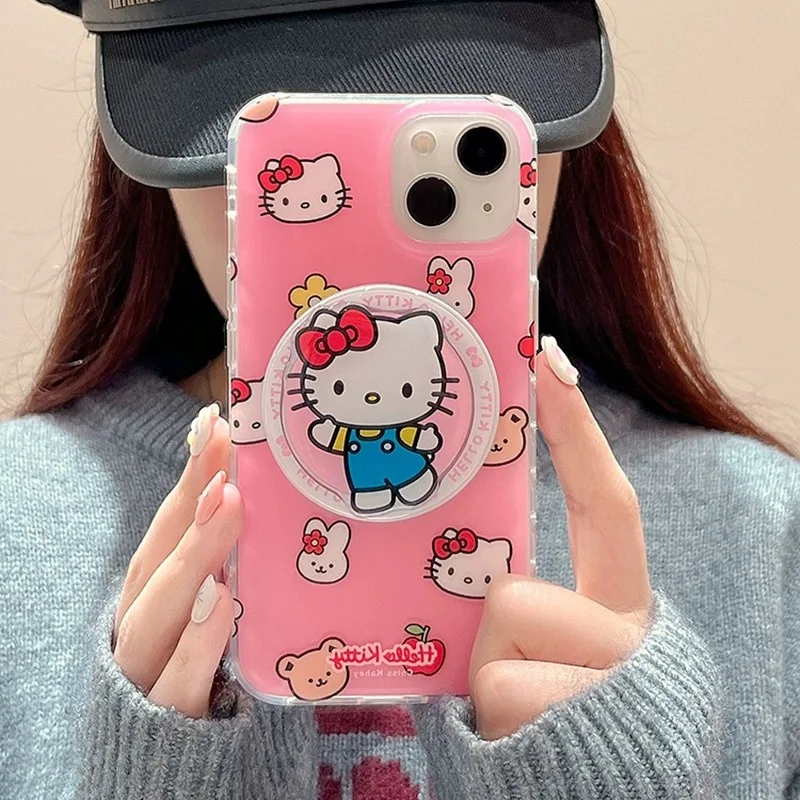 Cute Pink Cartoon Hello Kitty Magnetic Bracket Magsafe Wireless Charge Phone Case For iPhone 13 12 14 15Pro Max 11 Cover