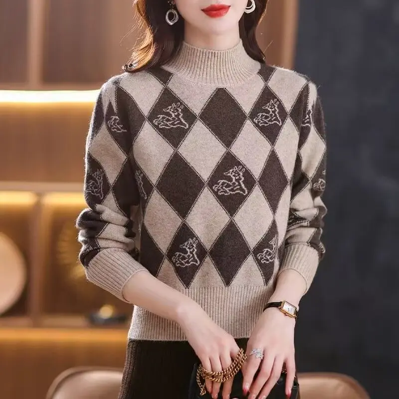 Vintage Women Half High Neck Plaid Sweater Autumn Winter Simple Jacquard Long Sleeve Korean Fashion Casual Knit Pullovers Tops