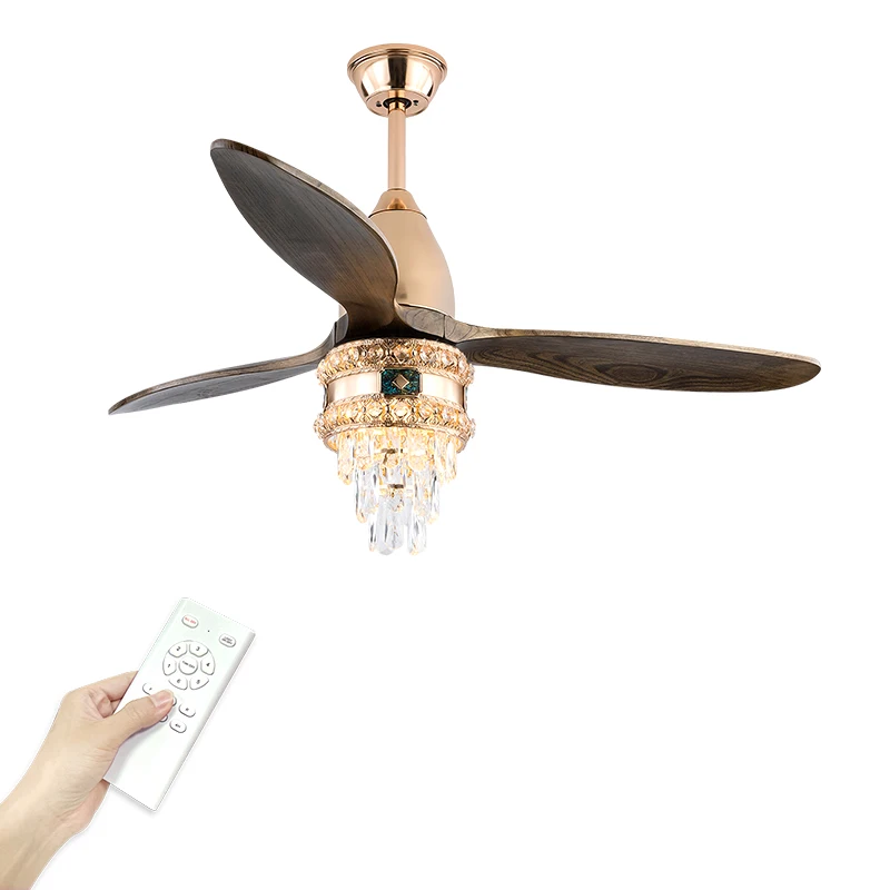 

Crystal Ceiling Fan with Light Solid Wood Fan Blade 6 Wind Speed DC Motor Living Room Silent Fan Light