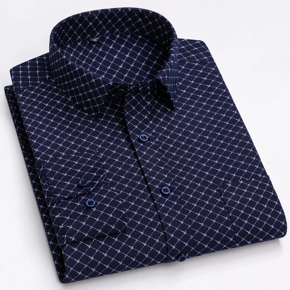 Men\'s 65% Cotton Long Sleeve Printed Check Dress Shirt Single Patch Pocket Regular-fit Comfortable Versatile Thin Casual Shirts