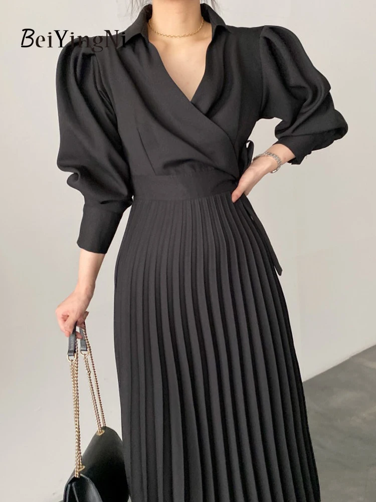 Beiyingni Elegant Stylish Women Puff Sleeve Pleated Long Dress Turndown Collar Spring Autumn Office Ladeis Dress Black Vestidos