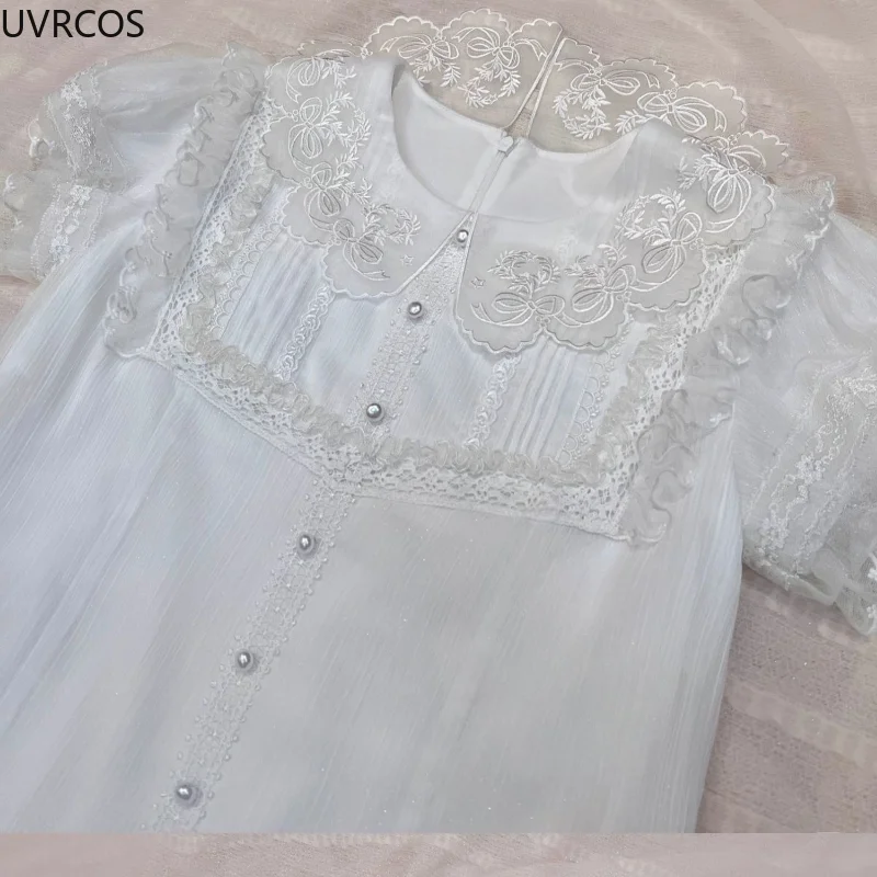 Verão Kawaii Lolita Estilo Camisas Mulheres Japonês Victorian Lace Flor Bordado Blusas Feminina Do Vintage Elegante Bonito Dentro Tops