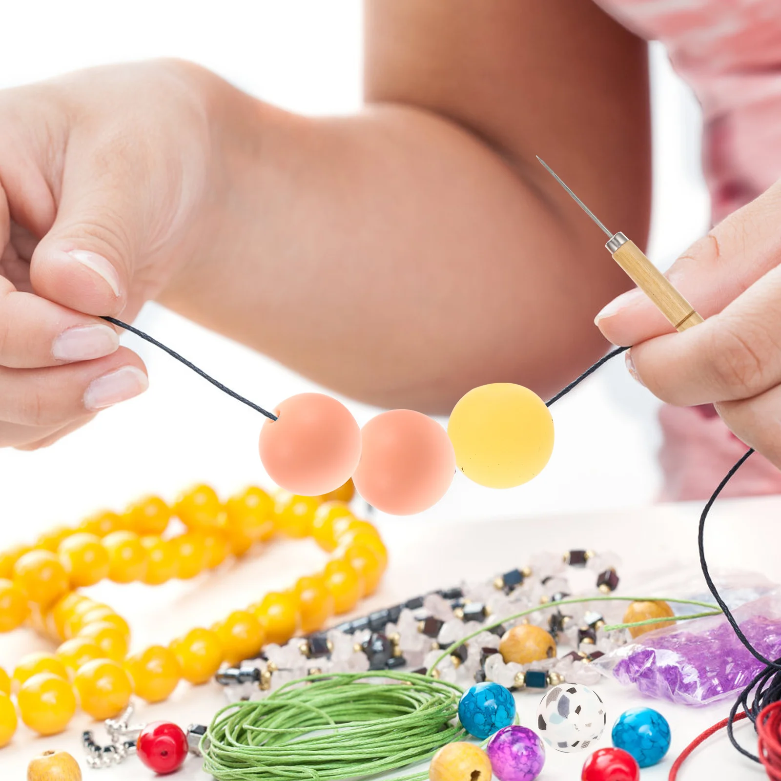 

1 Set Of Hook Needle Wooden Handle Awl Sturdy Threading Tool For Beading Jewelry Making Portable Crochet Needle Beads Accessory