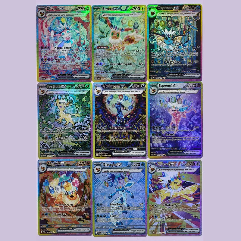9-teiliges Set Selbstgemachte Englische Eeveelution-Sammelkarten Anime Eevee Vapor Flareon Espeon Umbrion Sylveen Sammelkarten Geschenkset