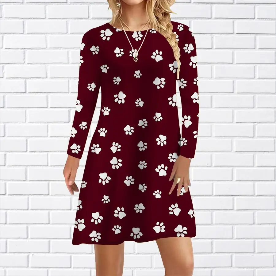 เดรสลายรอยเท้าแขนยาวสำหรับผู้หญิง สไตล์ลำลอง ออกงาน ฤดูใบไม้ร่วง ฤดูหนาว คอกลม ทรงหลวม ทรงเอ ไซส์ใหญ่ เดรสฤดูใบไม้ผลิสำหรับผู้หญิง