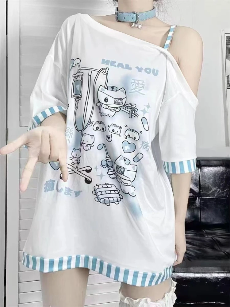 Subculture Japanese T-shirts Women Short Sleeve Printed Sexy Tees Outwear Kawaii Clothing Printed Blouse Y2k Tops Chic Harajuku