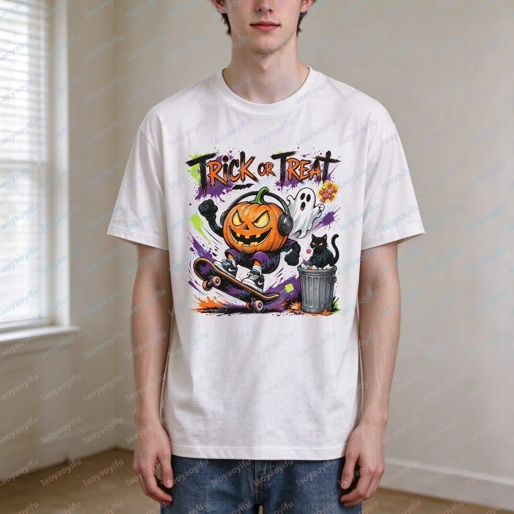 Trick or Treat Halloween Pumpkin Skateboard Print Men T-shirt Summer Short Sleeve Fashion Crew Neck Casual Tees Graphic Tops