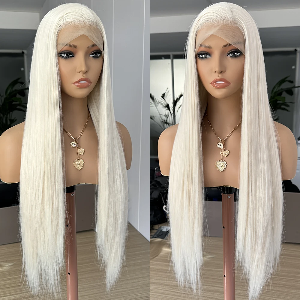 Platinum Blonde Synthetic Lace Front Wigs For Women Glueless Natural Long Straight Synthetic Hair Daily Wear Cosplay Blonde Wig