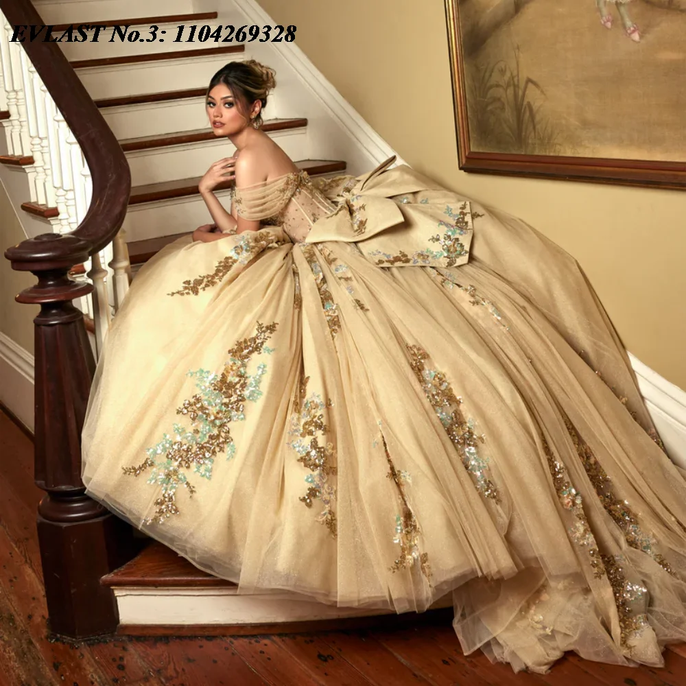 EVLAST Customized Glitter Champagne Quinceanera Dress Ball Gown Sequins Applique Beaded Bow Sweet 16 Vestido De 15 Anos E3Q442