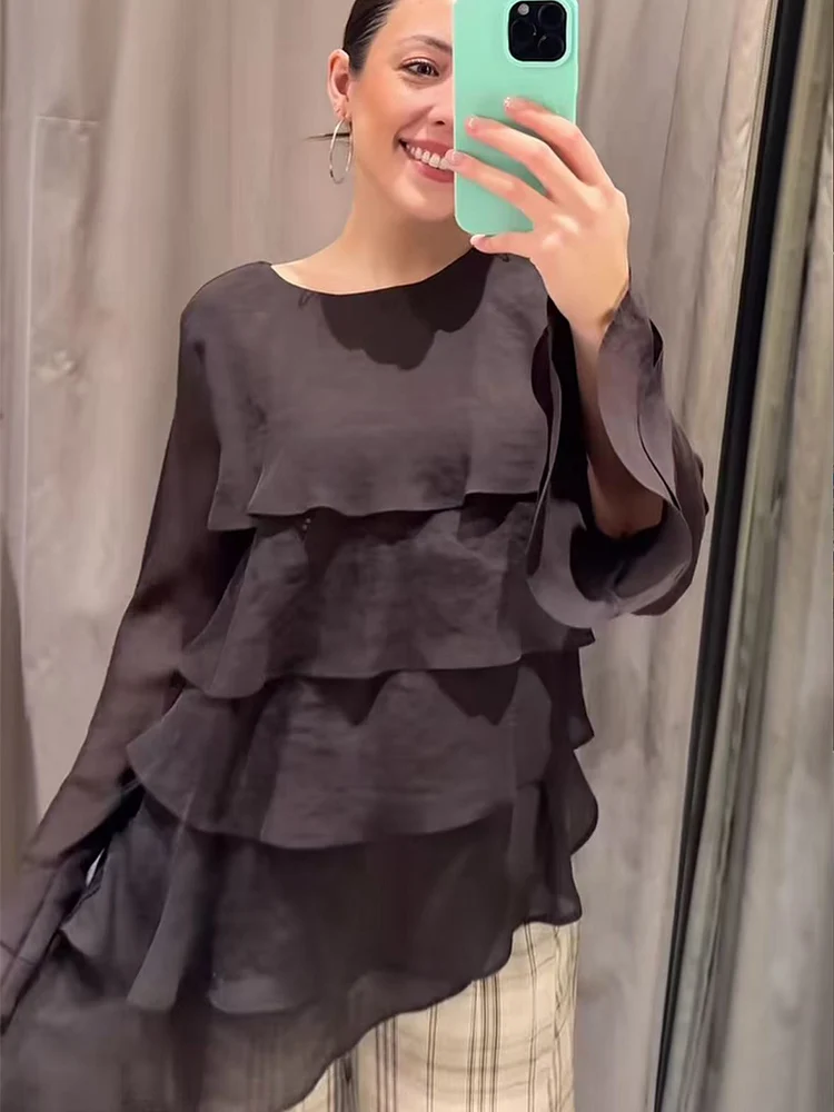 Damen Casual Chic Bluse O-Ausschnitt Mehrlagig Langarm Lose Hemden Vintage-Stil Tops Neue Mode Sommer Elegantes Damen-Outfit