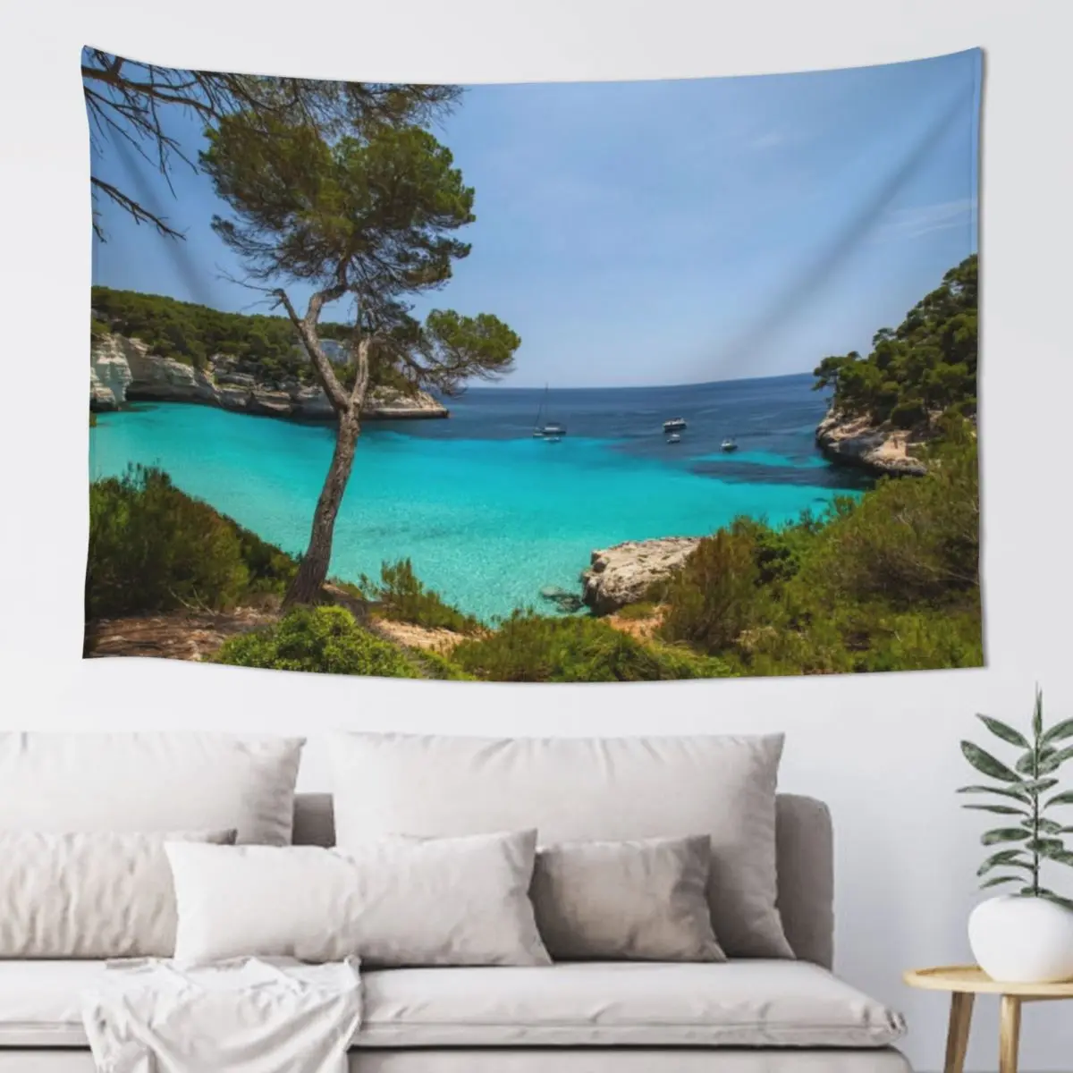 Clear blue sky, turquoise water, beach in Menorca Tapestry Wall Decor Hanging Decoration Aesthetic Tapestry