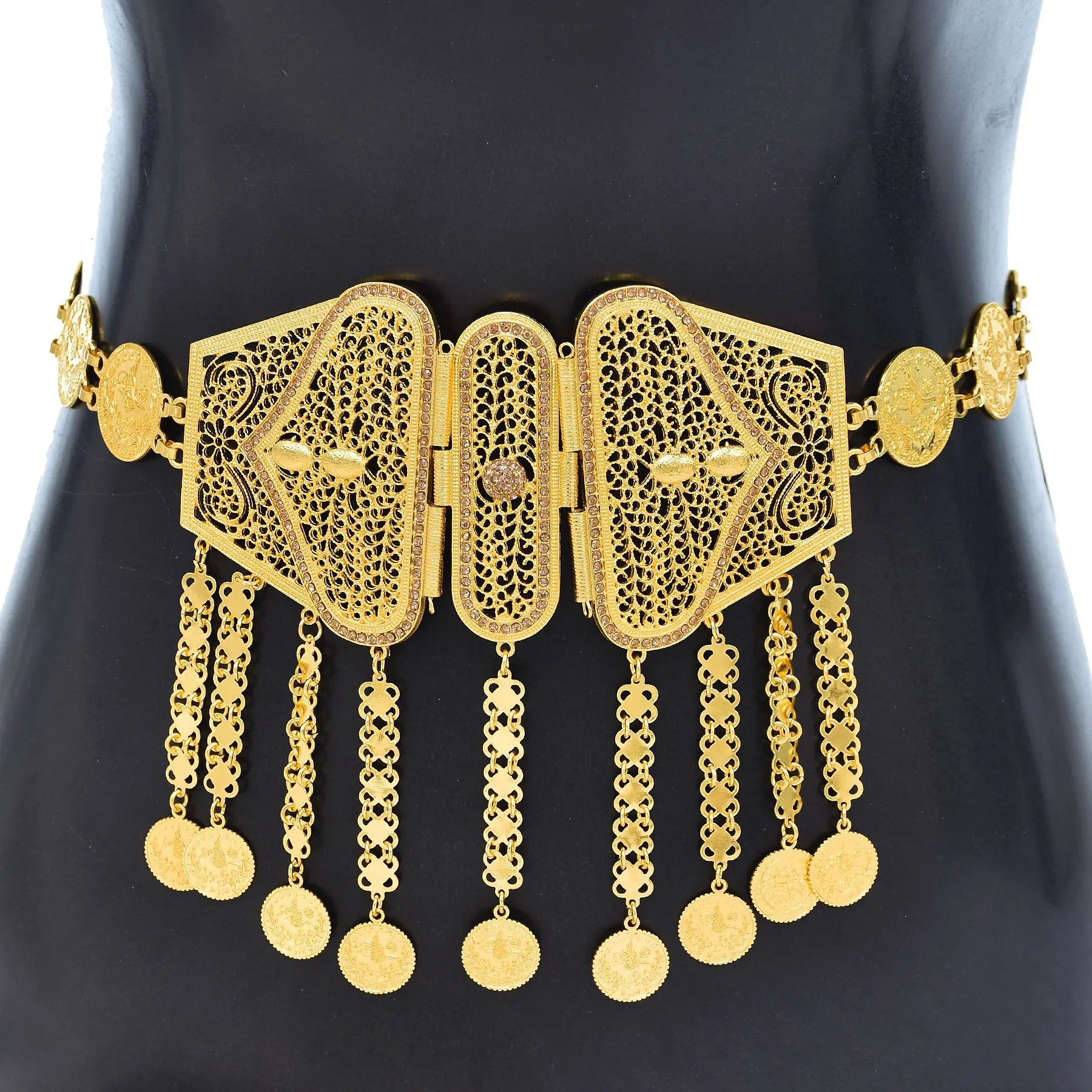 Golden Metal Coin Long Chain Belts for Women India Belly Dance Morocan Afghan Turkish Kurdistan National Dress Waistband Jewelry