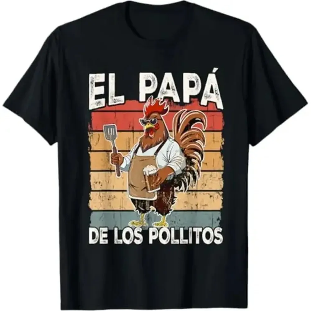 Camiseta Casual de Manga Corta y Cuello Redondo para Hombre, Corte Ajustado - Divertida con la Frase en Español "El Papá de los Pollitos", para el Día del Padre, Fácil de Lavar, Ropa Masculina, Camiseta, Manga Corta