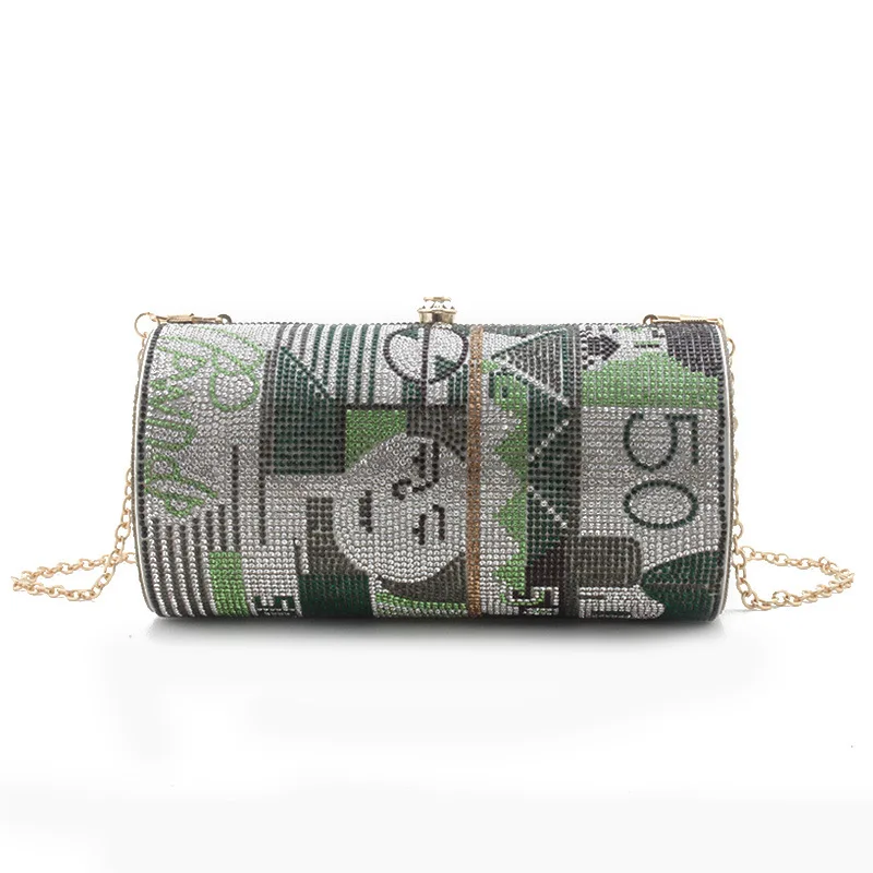 

Personalized Full Of Diamonds Shoulder Bag Cylinder Dollar Dollar Diamond-encrusted Dinner Bag Women Carteras De Mujer De Bolsos