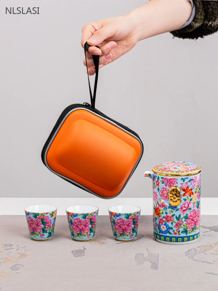 

Enamel Portable Travel Tea Set Ceramic One Pot Three Cups Set with Filter Outdoor Tea Infuser Custom Chinese Beauty Tea Set