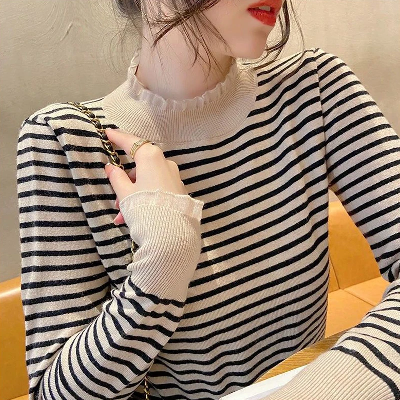 Women's Fashion Striped Ruffle Elegant Chic Half High Collar Knitwear Female Long Sleeve Slim Pullover Tops Casual Basic Jumpers