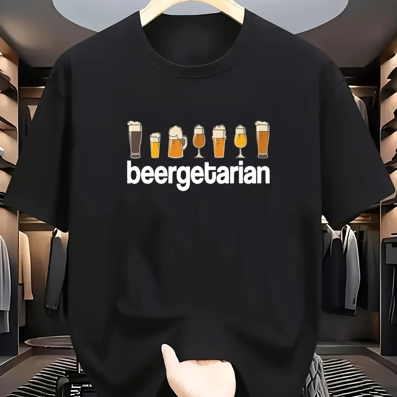 Men Cotton Funny Vegan Beer Lover T-Shirt BEERGETARIAN Print with Beer Mugs Vegan Symbol Navy Blue Crew Neck Casual Tee