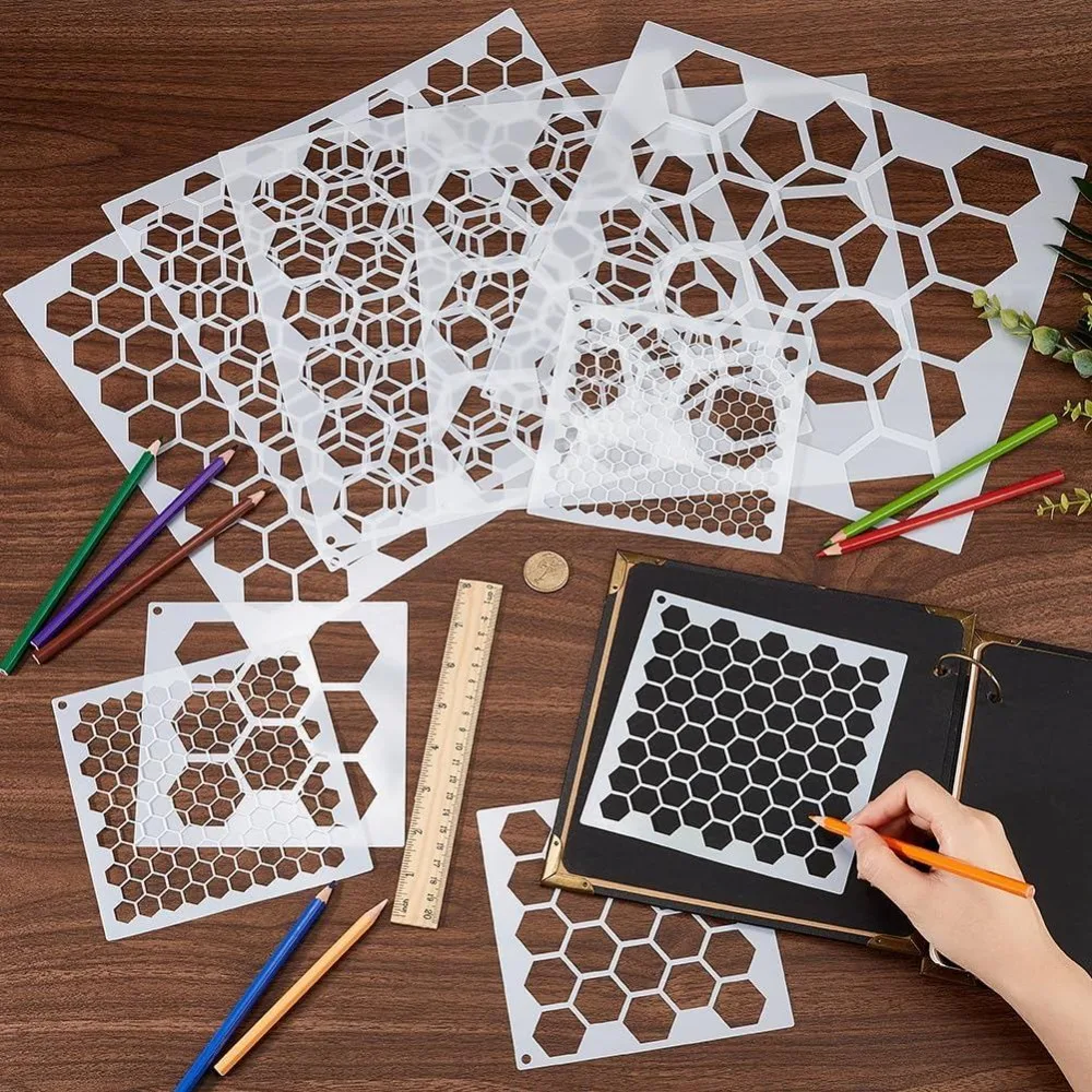 10Pcs Large Honeycomb Paint Stencils Honeycomb Stencils Reusable Hollow Out Square Plastic Painting Stencil Templates Sets - view 3